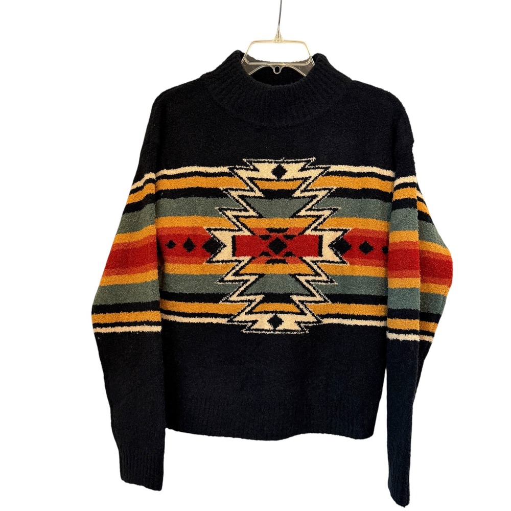 Panhandle‎ Women Black Southwestern Aztec Geometric Boucle Mock Neck Sweater Med